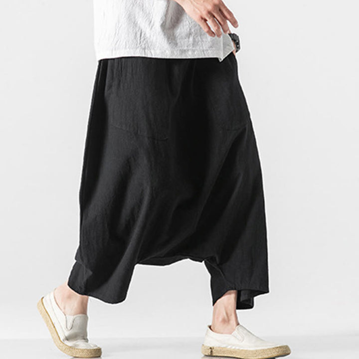 Buddha Stones Lässige Herrenhose aus Baumwollleinen mit weitem Bein und tiefem Schritt, Kordelzug, Länge 7–8, mit Taschen