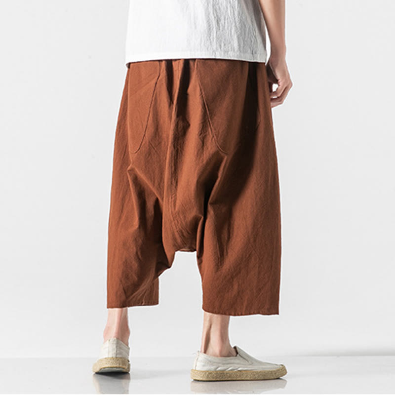 Buddha Stones Lässige Herrenhose aus Baumwollleinen mit weitem Bein und tiefem Schritt, Kordelzug, Länge 7–8, mit Taschen