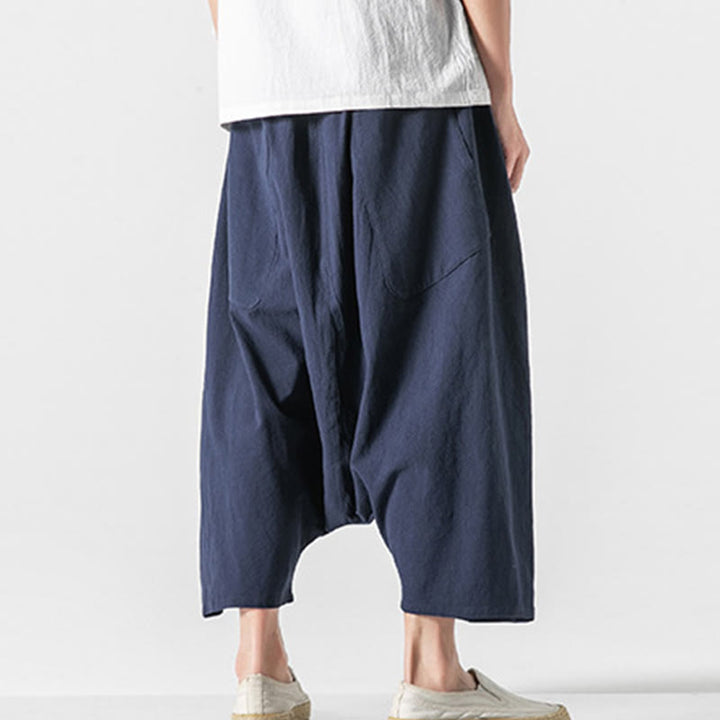 Buddha Stones Lässige Herrenhose aus Baumwollleinen mit weitem Bein und tiefem Schritt, Kordelzug, Länge 7–8, mit Taschen