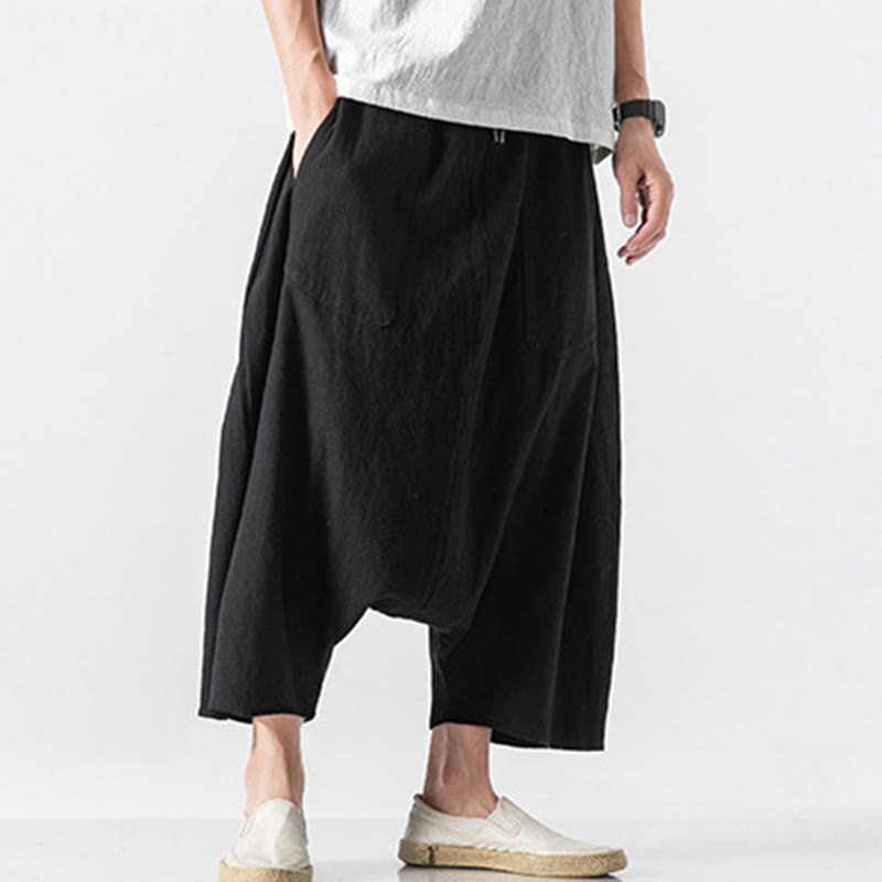 Buddha Stones Lässige Herrenhose aus Baumwollleinen mit weitem Bein und tiefem Schritt, Kordelzug, Länge 7–8, mit Taschen