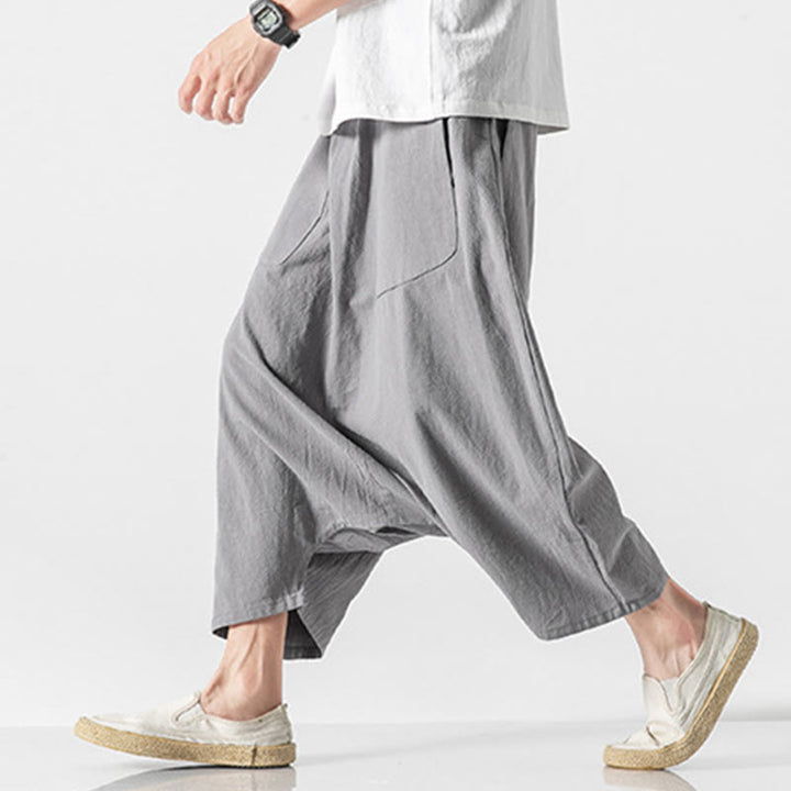 Buddha Stones Lässige Herrenhose aus Baumwollleinen mit weitem Bein und tiefem Schritt, Kordelzug, Länge 7–8, mit Taschen - image 22