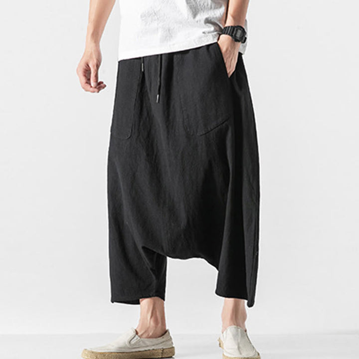 Buddha Stones Lässige Herrenhose aus Baumwollleinen mit weitem Bein und tiefem Schritt, Kordelzug, Länge 7–8, mit Taschen