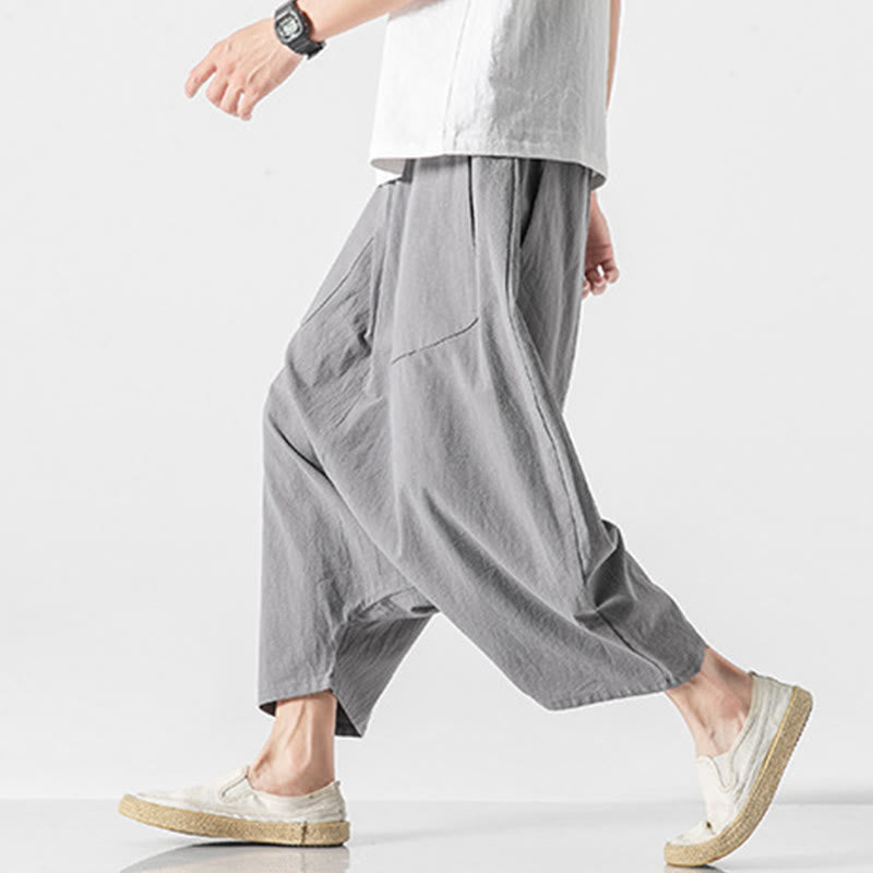 Buddha Stones Lässige Herrenhose aus Baumwollleinen mit weitem Bein und tiefem Schritt, Kordelzug, Länge 7–8, mit Taschen