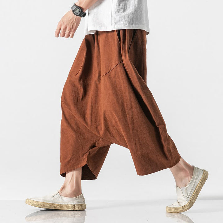 Buddha Stones Lässige Herrenhose aus Baumwollleinen mit weitem Bein und tiefem Schritt, Kordelzug, Länge 7–8, mit Taschen - image 14