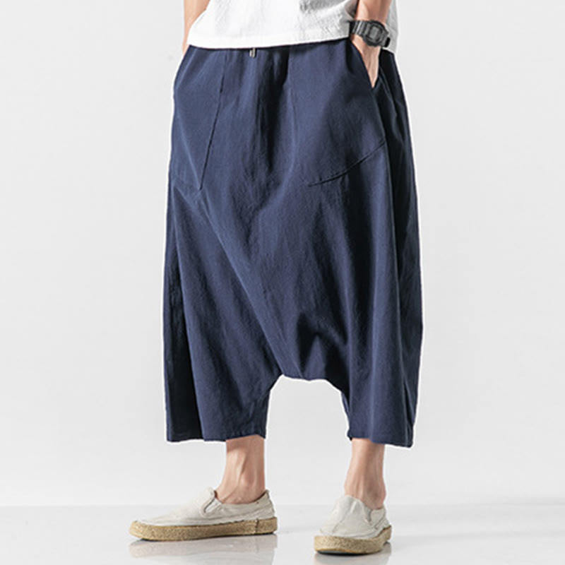 Buddha Stones Lässige Herrenhose aus Baumwollleinen mit weitem Bein und tiefem Schritt, Kordelzug, Länge 7–8, mit Taschen