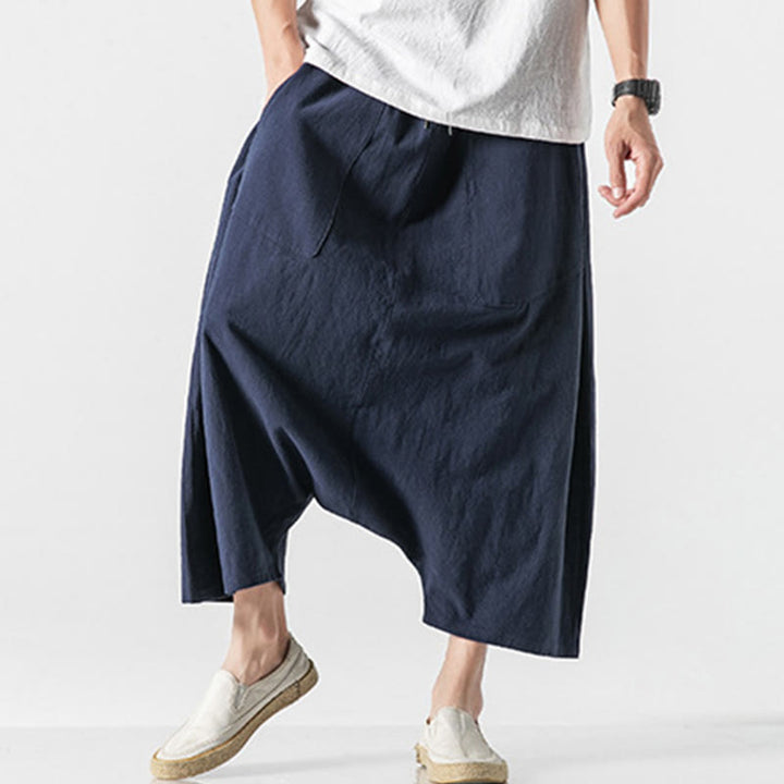 Buddha Stones Lässige Herrenhose aus Baumwollleinen mit weitem Bein und tiefem Schritt, Kordelzug, Länge 7–8, mit Taschen