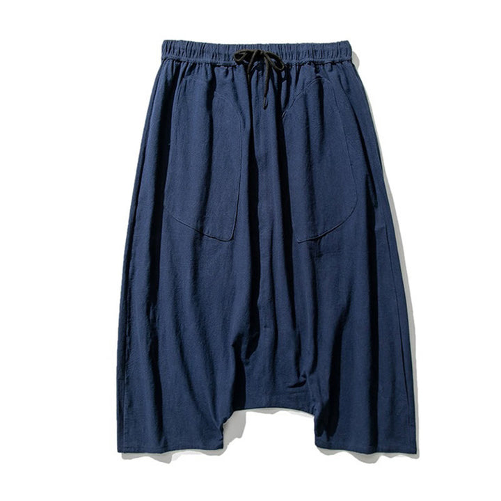 Buddha Stones Lässige Herrenhose aus Baumwollleinen mit weitem Bein und tiefem Schritt, Kordelzug, Länge 7–8, mit Taschen