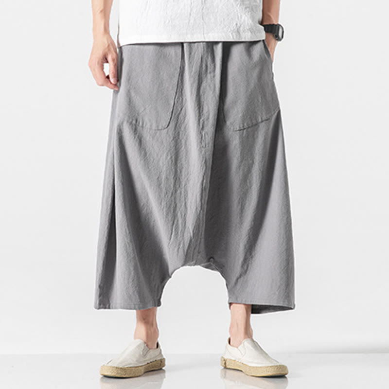 Buddha Stones Lässige Herrenhose aus Baumwollleinen mit weitem Bein und tiefem Schritt, Kordelzug, Länge 7–8, mit Taschen