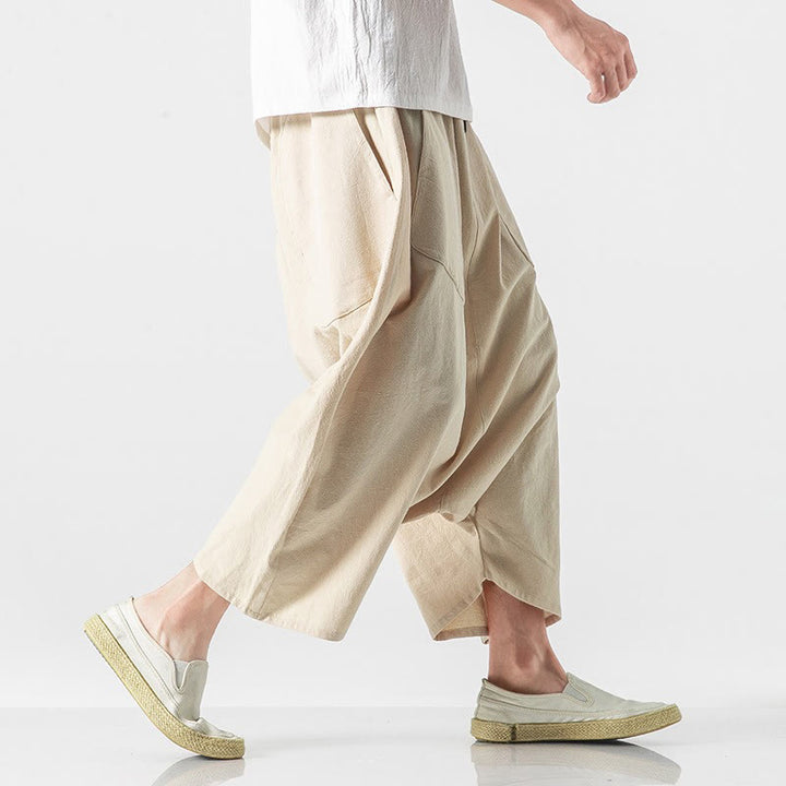 Buddha Stones Lässige Herrenhose aus Baumwollleinen mit weitem Bein und tiefem Schritt, Kordelzug, Länge 7–8, mit Taschen