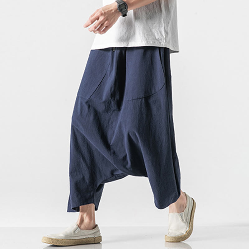 Buddha Stones Lässige Herrenhose aus Baumwollleinen mit weitem Bein und tiefem Schritt, Kordelzug, Länge 7–8, mit Taschen