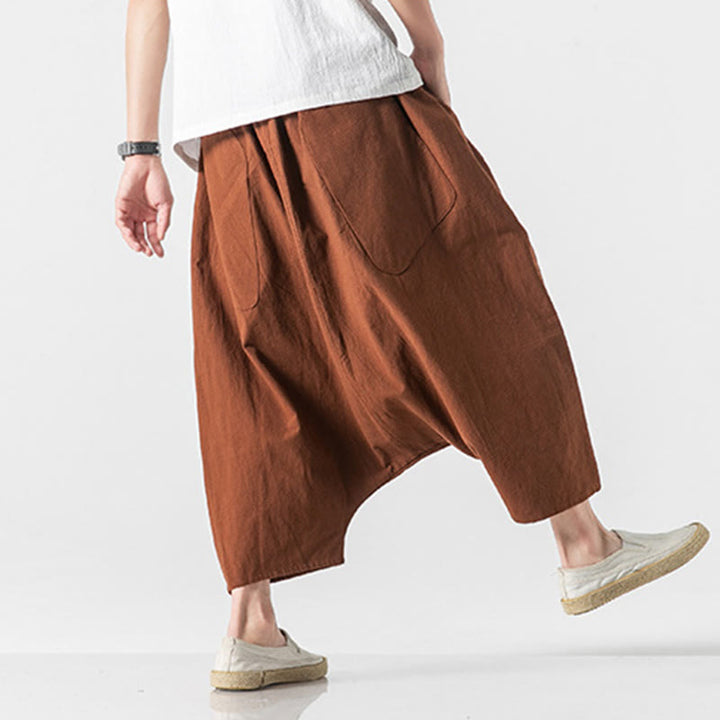 Buddha Stones Lässige Herrenhose aus Baumwollleinen mit weitem Bein und tiefem Schritt, Kordelzug, Länge 7–8, mit Taschen