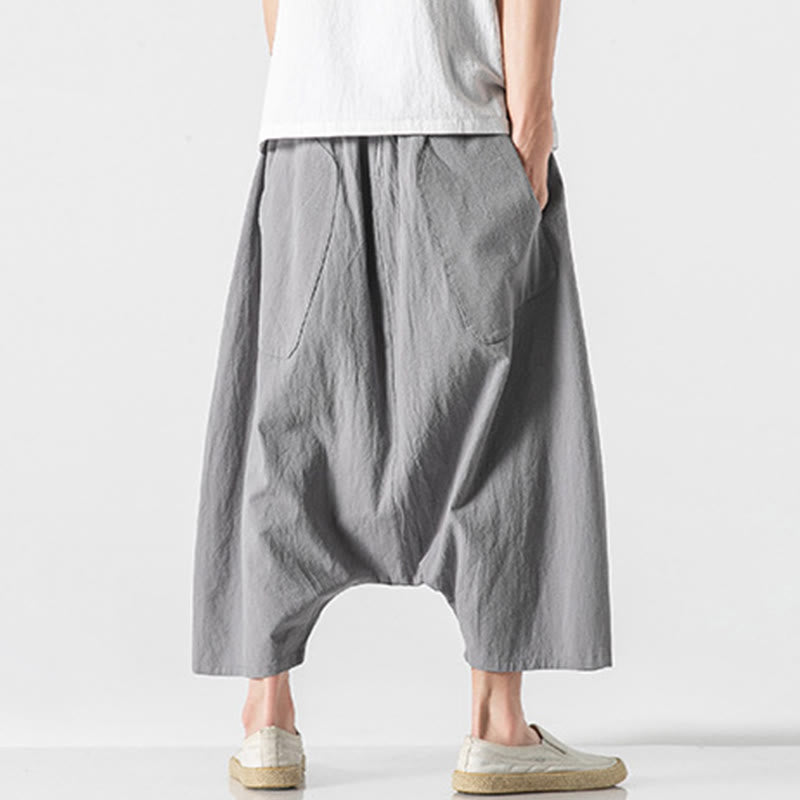 Buddha Stones Lässige Herrenhose aus Baumwollleinen mit weitem Bein und tiefem Schritt, Kordelzug, Länge 7–8, mit Taschen