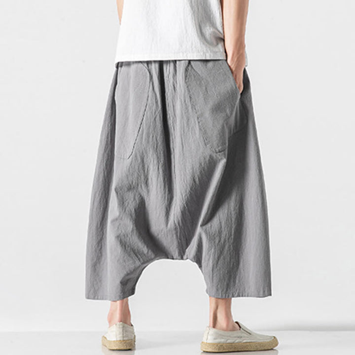 Buddha Stones Lässige Herrenhose aus Baumwollleinen mit weitem Bein und tiefem Schritt, Kordelzug, Länge 7–8, mit Taschen