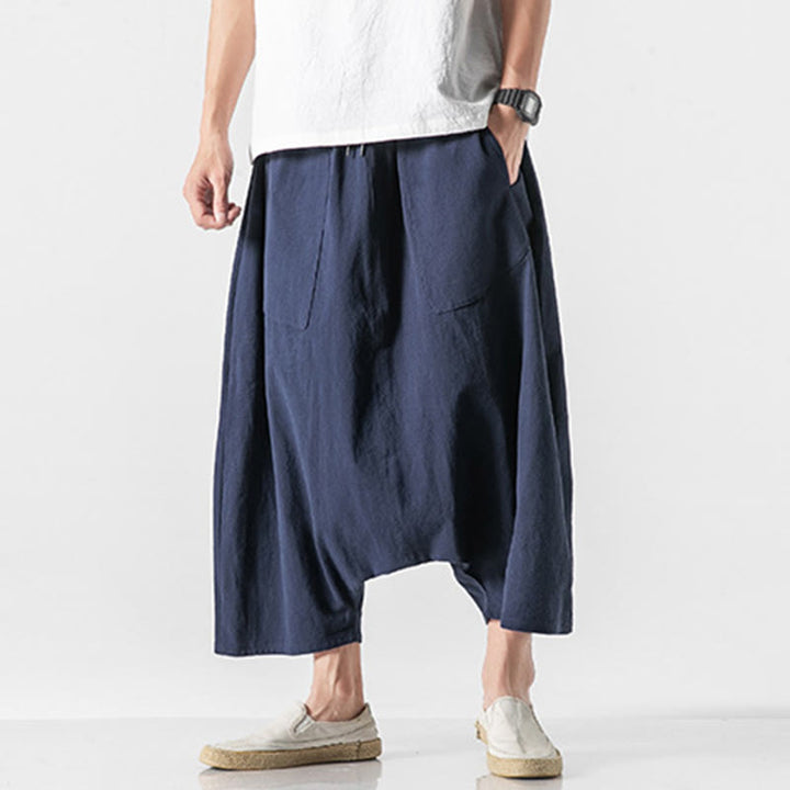 Buddha Stones Lässige Herrenhose aus Baumwollleinen mit weitem Bein und tiefem Schritt, Kordelzug, Länge 7–8, mit Taschen