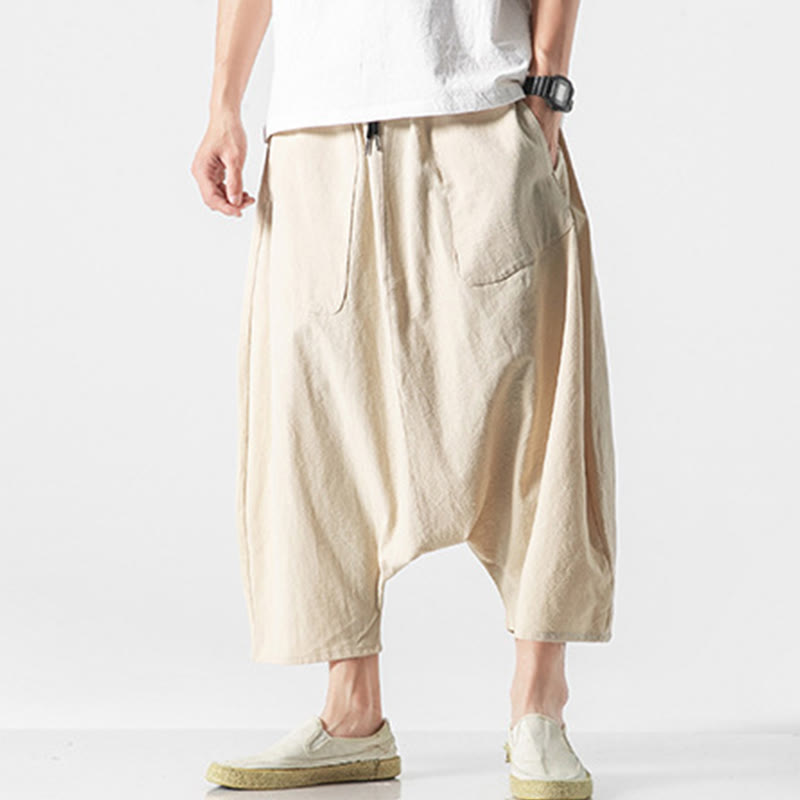Buddha Stones Lässige Herrenhose aus Baumwollleinen mit weitem Bein und tiefem Schritt, Kordelzug, Länge 7–8, mit Taschen