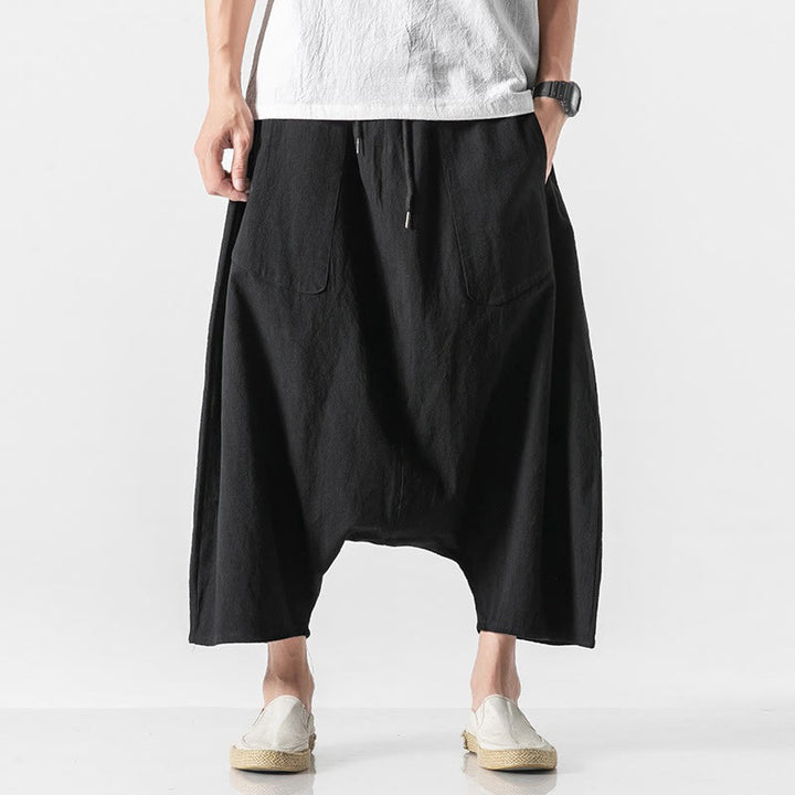 Buddha Stones Lässige Herrenhose aus Baumwollleinen mit weitem Bein und tiefem Schritt, Kordelzug, Länge 7–8, mit Taschen