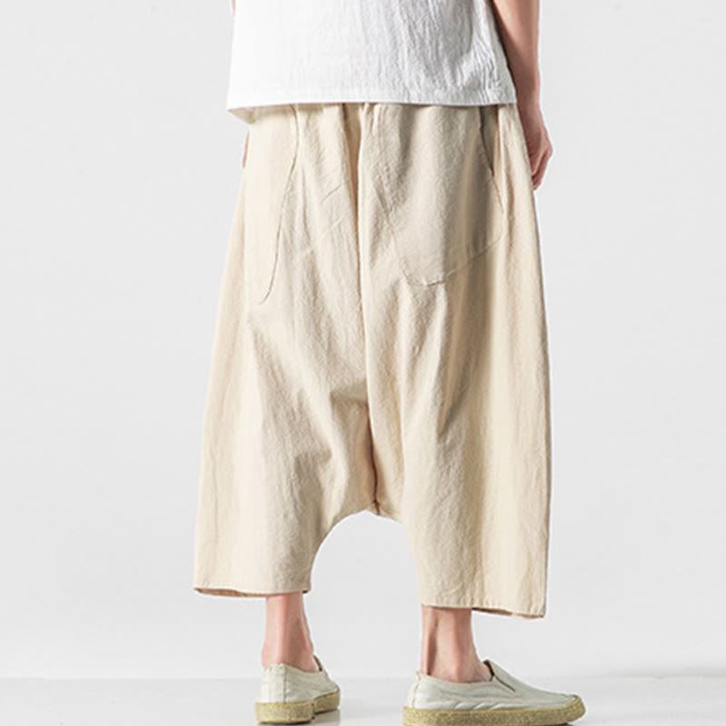 Buddha Stones Lässige Herrenhose aus Baumwollleinen mit weitem Bein und tiefem Schritt, Kordelzug, Länge 7–8, mit Taschen