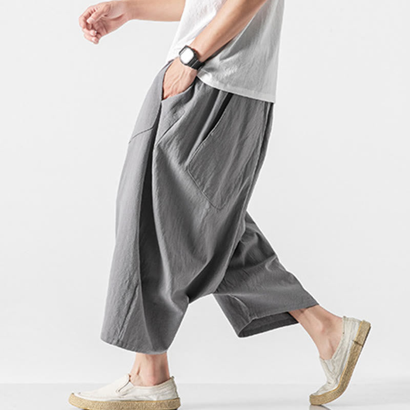 Buddha Stones Lässige Herrenhose aus Baumwollleinen mit weitem Bein und tiefem Schritt, Kordelzug, Länge 7–8, mit Taschen