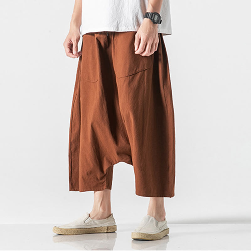Buddha Stones Lässige Herrenhose aus Baumwollleinen mit weitem Bein und tiefem Schritt, Kordelzug, Länge 7–8, mit Taschen