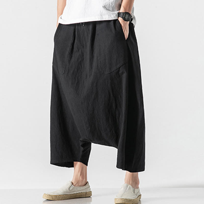 Buddha Stones Lässige Herrenhose aus Baumwollleinen mit weitem Bein und tiefem Schritt, Kordelzug, Länge 7–8, mit Taschen