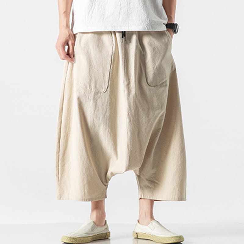 Buddha Stones Lässige Herrenhose aus Baumwollleinen mit weitem Bein und tiefem Schritt, Kordelzug, Länge 7–8, mit Taschen