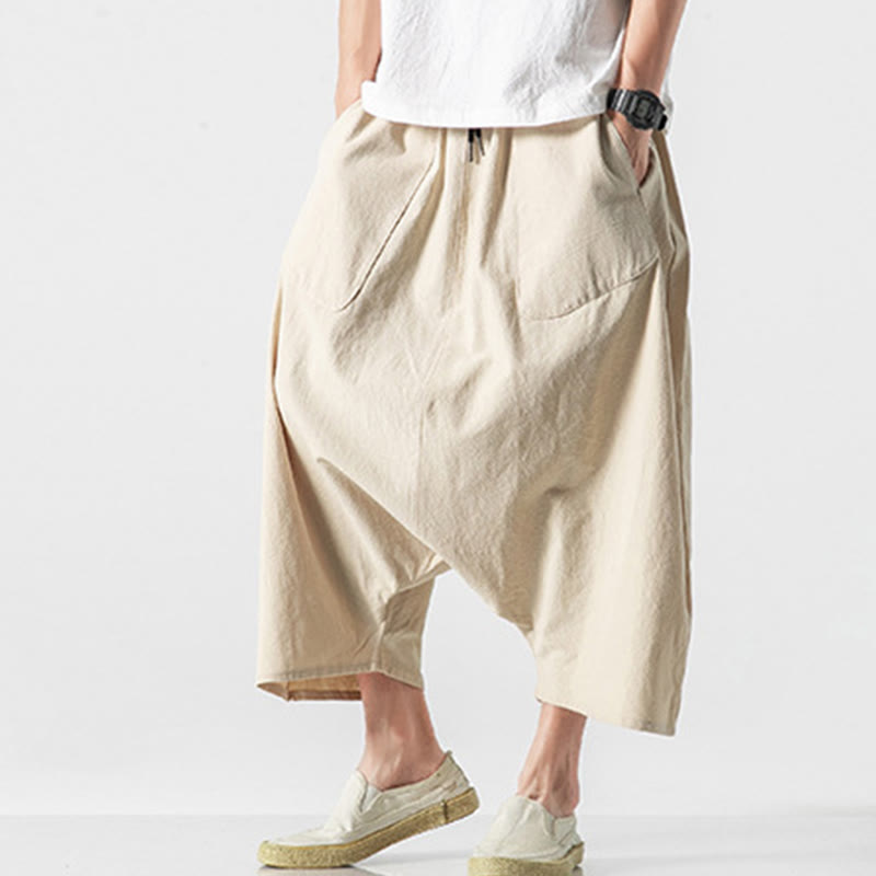 Buddha Stones Lässige Herrenhose aus Baumwollleinen mit weitem Bein und tiefem Schritt, Kordelzug, Länge 7–8, mit Taschen