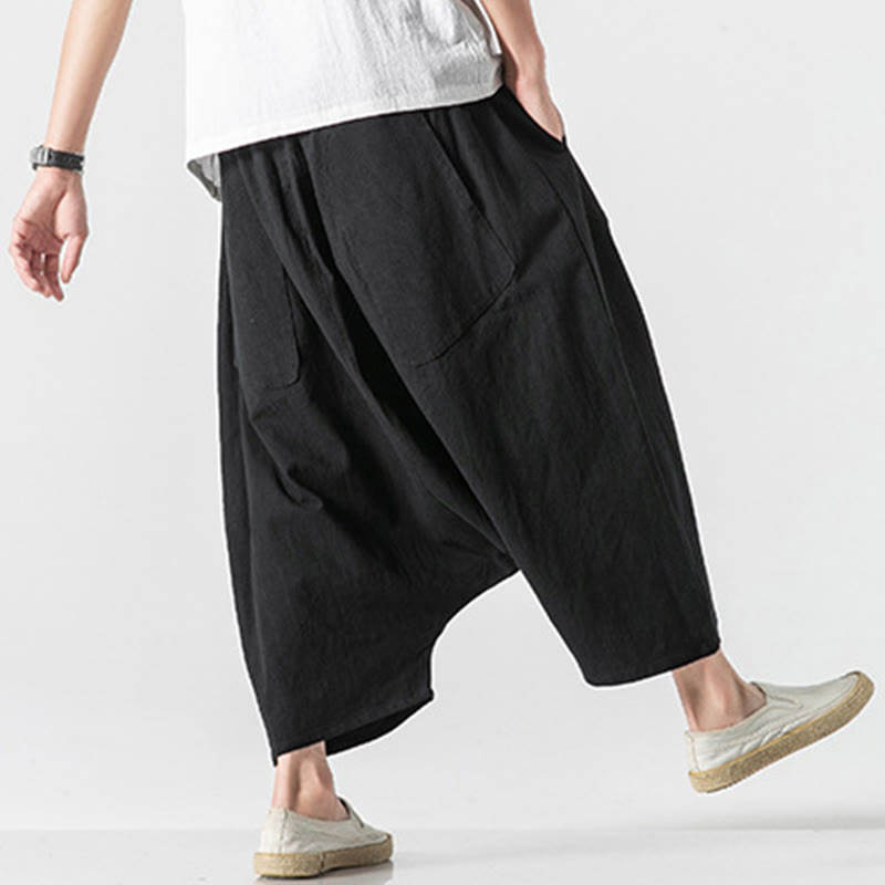 Buddha Stones Lässige Herrenhose aus Baumwollleinen mit weitem Bein und tiefem Schritt, Kordelzug, Länge 7–8, mit Taschen