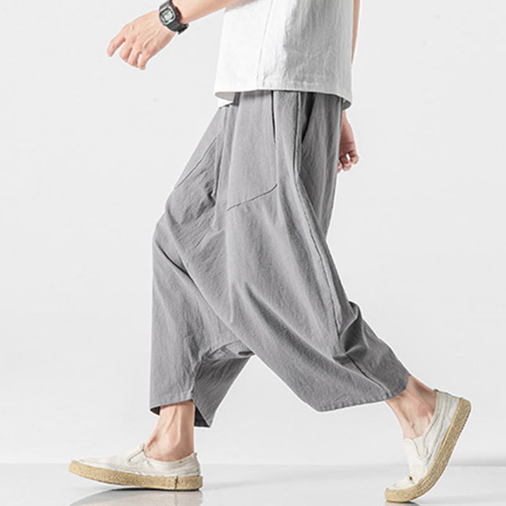 Buddha Stones Lässige Herrenhose aus Baumwollleinen mit weitem Bein und tiefem Schritt, Kordelzug, Länge 7–8, mit Taschen - image 23