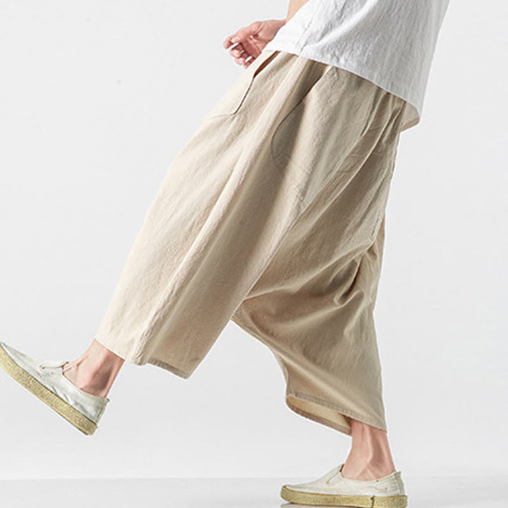 Buddha Stones Lässige Herrenhose aus Baumwollleinen mit weitem Bein und tiefem Schritt, Kordelzug, Länge 7–8, mit Taschen - image 41