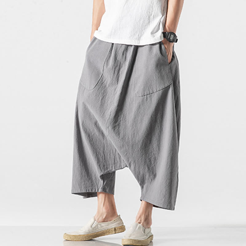 Buddha Stones Lässige Herrenhose aus Baumwollleinen mit weitem Bein und tiefem Schritt, Kordelzug, Länge 7–8, mit Taschen