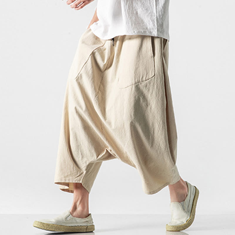 Buddha Stones Lässige Herrenhose aus Baumwollleinen mit weitem Bein und tiefem Schritt, Kordelzug, Länge 7–8, mit Taschen