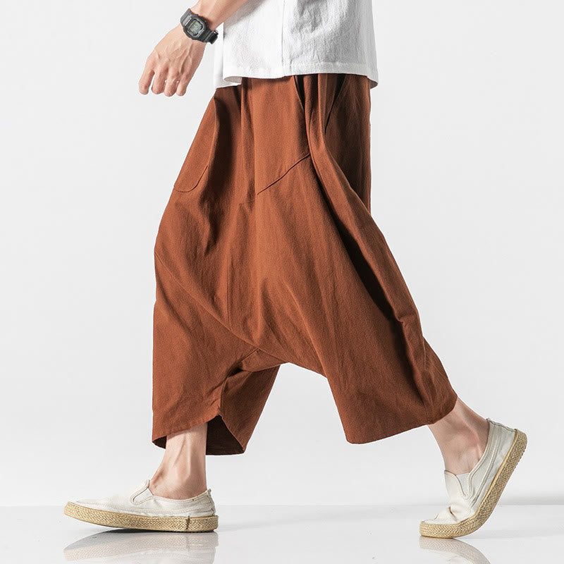 Buddha Stones Lässige Herrenhose aus Baumwollleinen mit weitem Bein und tiefem Schritt, Kordelzug, Länge 7–8, mit Taschen