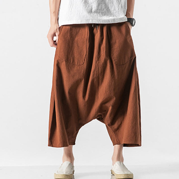 Buddha Stones Lässige Herrenhose aus Baumwollleinen mit weitem Bein und tiefem Schritt, Kordelzug, Länge 7–8, mit Taschen