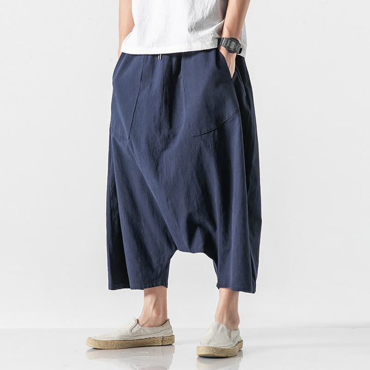 Buddha Stones Lässige Herrenhose aus Baumwollleinen mit weitem Bein und tiefem Schritt, Kordelzug, Länge 7–8, mit Taschen