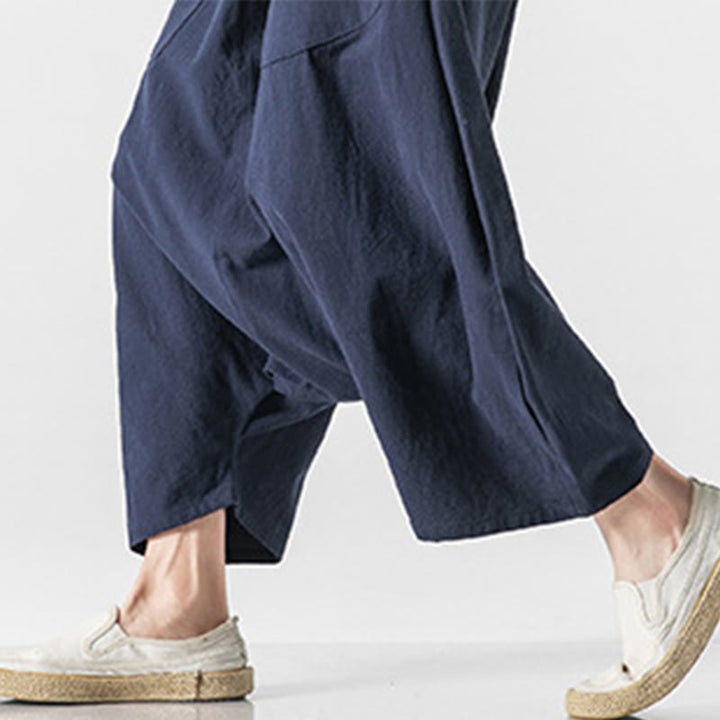 Buddha Stones Lässige Herrenhose aus Baumwollleinen mit weitem Bein und tiefem Schritt, Kordelzug, Länge 7–8, mit Taschen