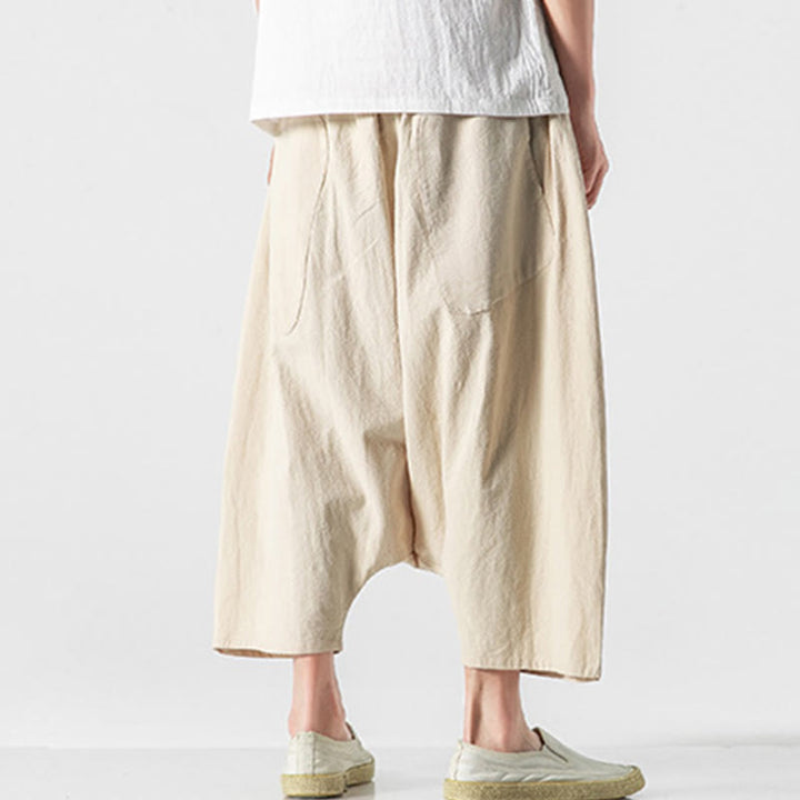 Buddha Stones Lässige Herrenhose aus Baumwollleinen mit weitem Bein und tiefem Schritt, Kordelzug, Länge 7–8, mit Taschen - image 39