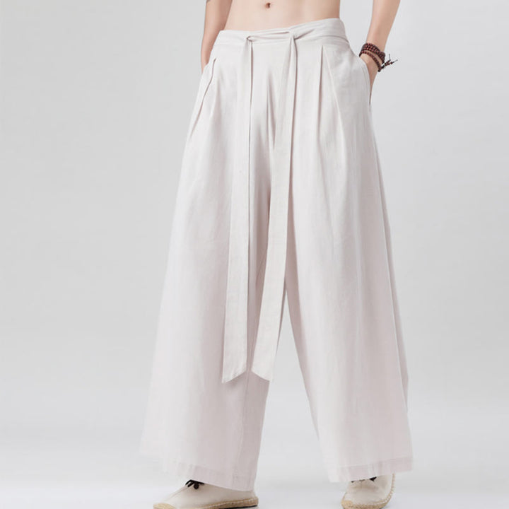 Buddha Stones Frühlings-Freizeitsport-Kordelzug-Design Herren-Baumwollleinen-Hose mit weitem Bein und Taschen