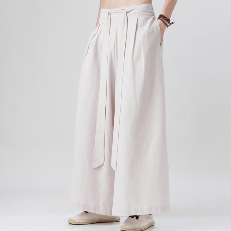Buddha Stones Frühlings-Freizeitsport-Kordelzug-Design Herren-Baumwollleinen-Hose mit weitem Bein und Taschen