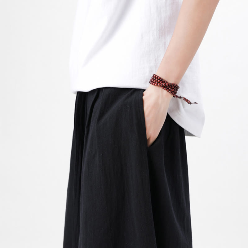 Buddha Stones Frühlings-Freizeitsport-Kordelzug-Design Herren-Baumwollleinen-Hose mit weitem Bein und Taschen