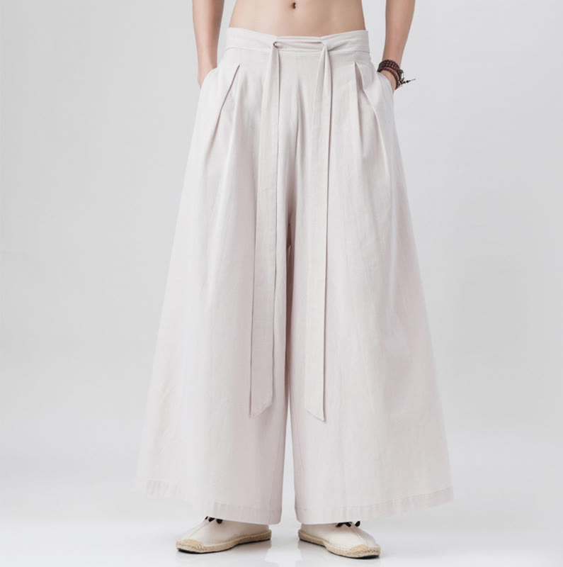 Buddha Stones Frühlings-Freizeitsport-Kordelzug-Design Herren-Baumwollleinen-Hose mit weitem Bein und Taschen