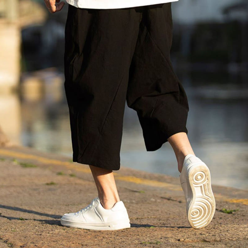 Buddha Stones Sommerhose aus Baumwollleinen mit Taschen, einfarbig, Faltendesign, Kordelzug, Herrengröße 7–8 - image 6