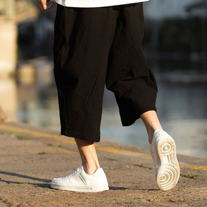 Buddha Stones Sommerhose aus Baumwollleinen mit Taschen, einfarbig, Faltendesign, Kordelzug, Herrengröße 7–8 - image 6