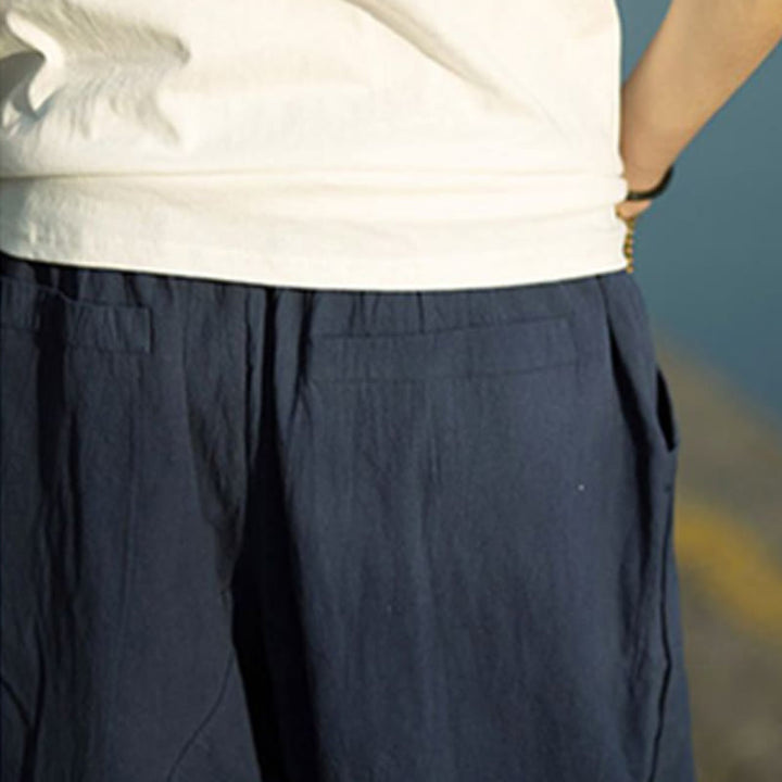 Buddha Stones Sommerhose aus Baumwollleinen mit Taschen, einfarbig, Faltendesign, Kordelzug, Herrengröße 7–8 - image 16