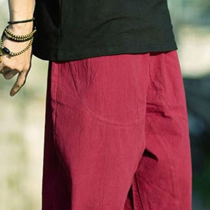 Buddha Stones Sommerhose aus Baumwollleinen mit Taschen, einfarbig, Faltendesign, Kordelzug, Herrengröße 7–8 - image 24