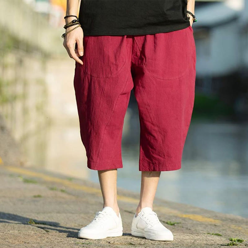 Buddha Stones Sommerhose aus Baumwollleinen mit Taschen, einfarbig, Faltendesign, Kordelzug, Herrengröße 7–8 - image 23