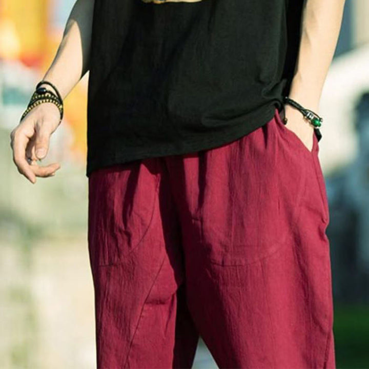 Buddha Stones Sommerhose aus Baumwollleinen mit Taschen, einfarbig, Faltendesign, Kordelzug, Herrengröße 7–8 - image 23