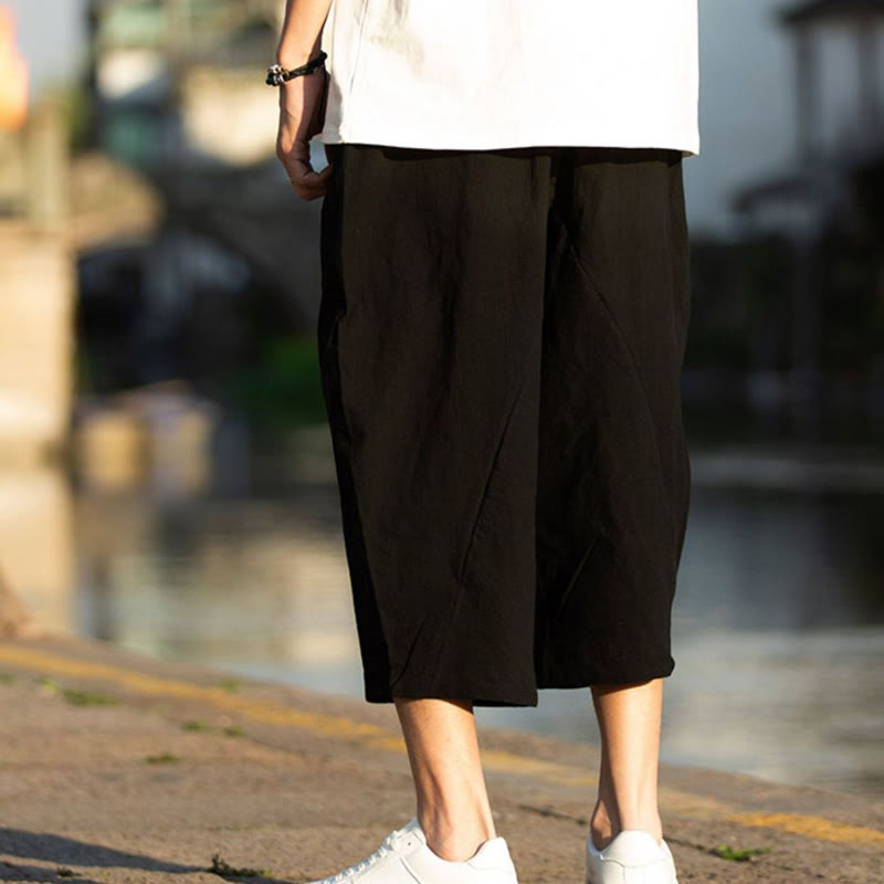 Buddha Stones Sommerhose aus Baumwollleinen mit Taschen, einfarbig, Faltendesign, Kordelzug, Herrengröße 7–8 - image 8