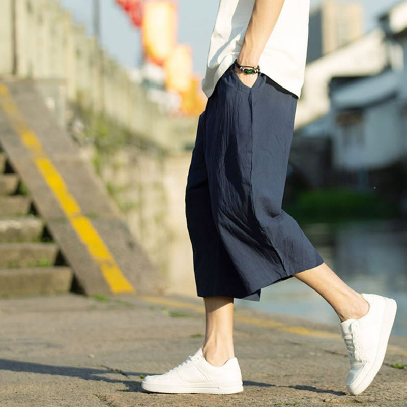 Buddha Stones Sommerhose aus Baumwollleinen mit Taschen, einfarbig, Faltendesign, Kordelzug, Herrengröße 7–8 - image 14