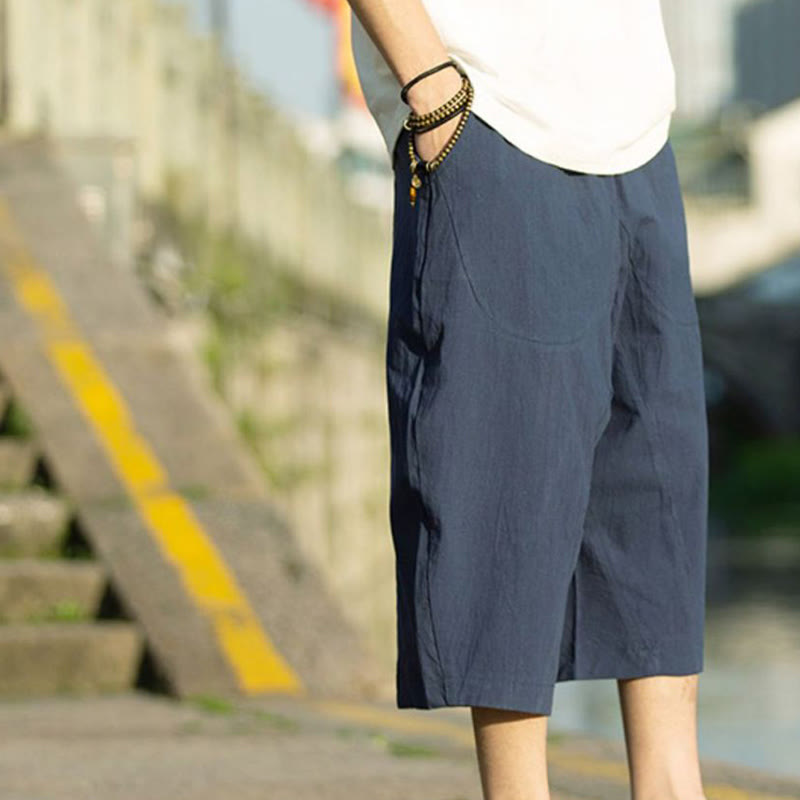 Buddha Stones Sommerhose aus Baumwollleinen mit Taschen, einfarbig, Faltendesign, Kordelzug, Herrengröße 7–8 - image 13