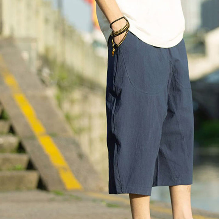 Buddha Stones Sommerhose aus Baumwollleinen mit Taschen, einfarbig, Faltendesign, Kordelzug, Herrengröße 7–8 - image 13